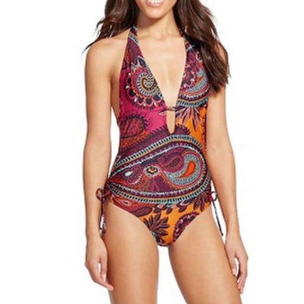 Cleanwater Paisley Plunge One Piece Swimsuit Size XL Boho Monokini Open Back